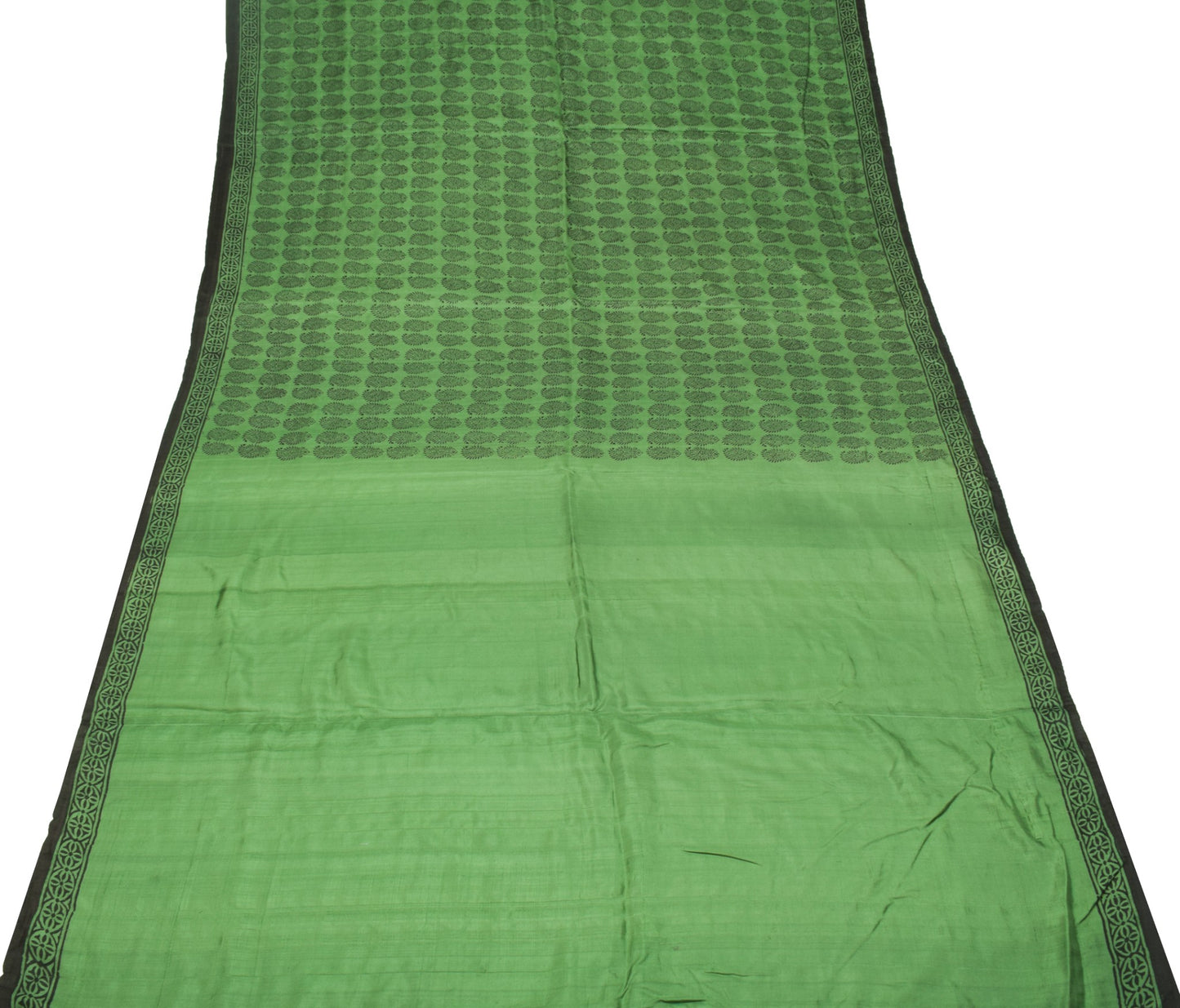 Sushila Vintage Hand Block Print Saree Pure Silk Green Paisley Soft Craft Fabric