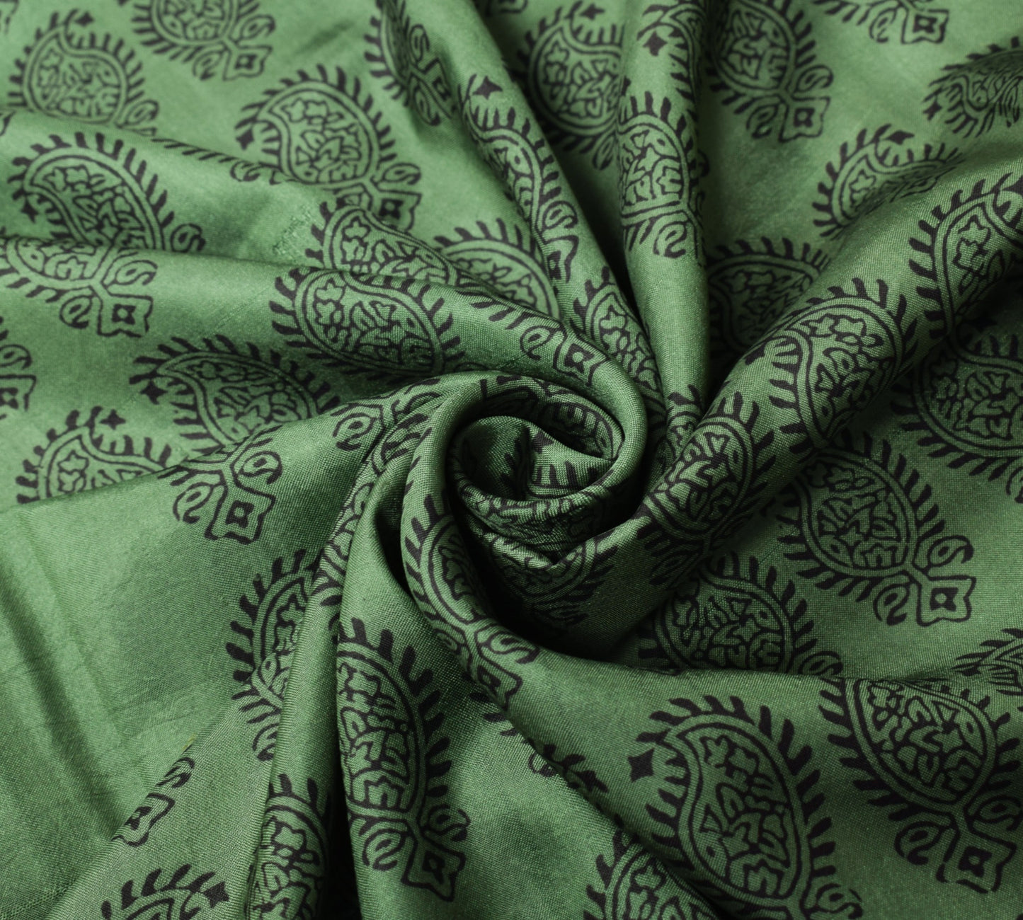 Sushila Vintage Hand Block Print Saree Pure Silk Green Paisley Soft Craft Fabric