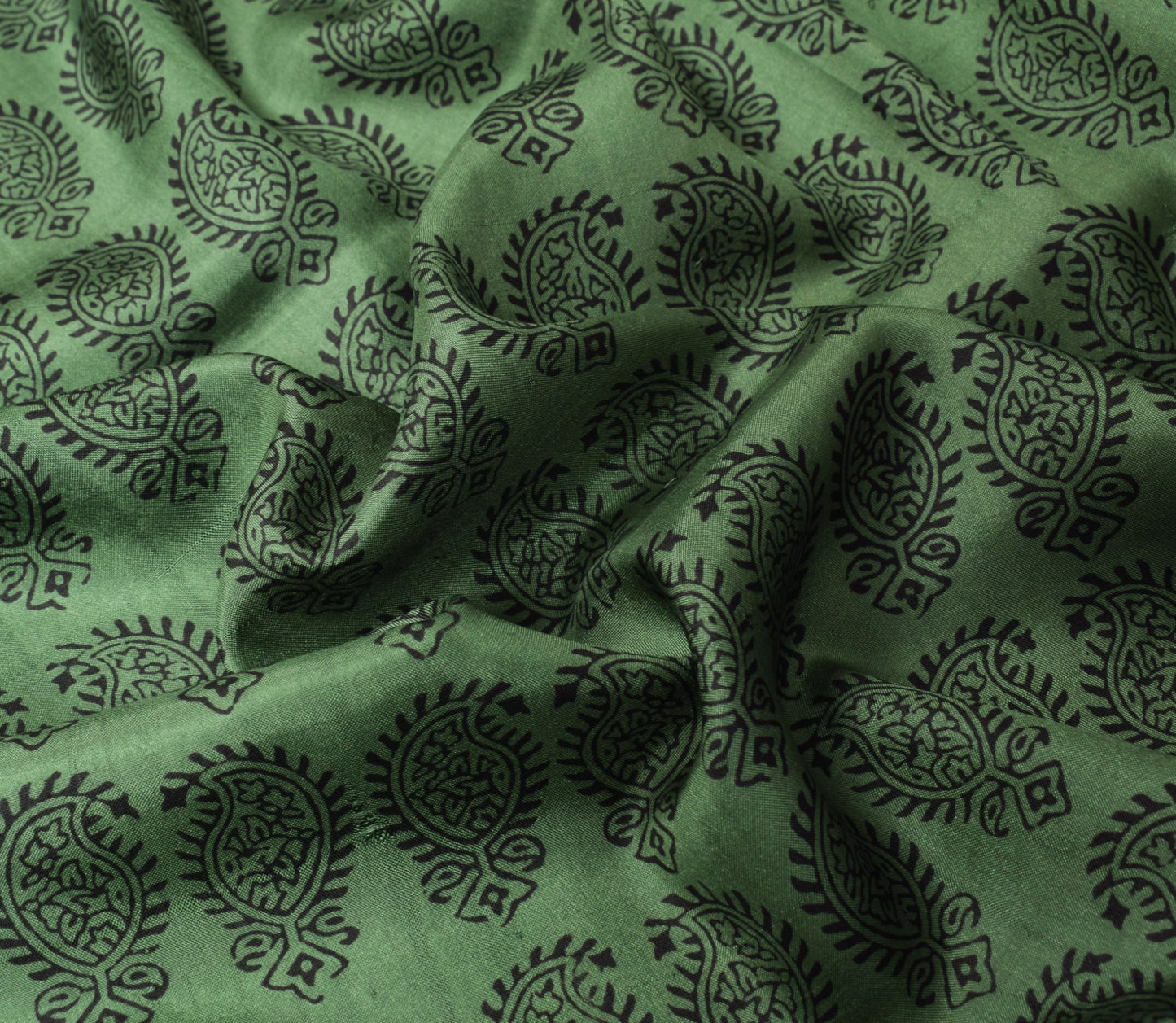 Sushila Vintage Hand Block Print Saree Pure Silk Green Paisley Soft Craft Fabric