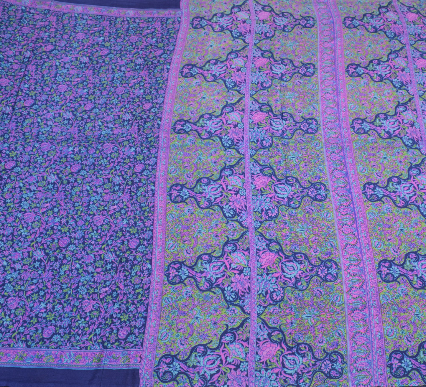 Sushila Vintage Floral Saree 100% Pure Silk Printed Blue Sari Soft Craft Fabric