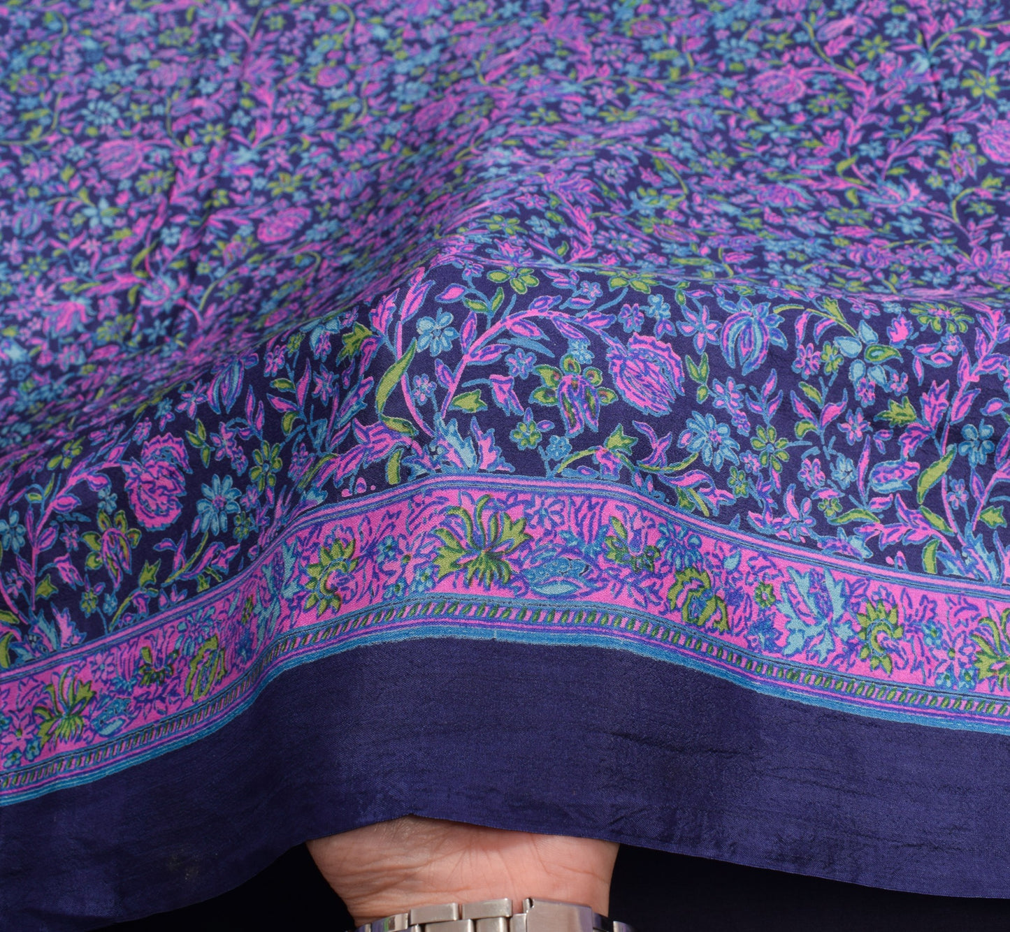 Sushila Vintage Floral Saree 100% Pure Silk Printed Blue Sari Soft Craft Fabric