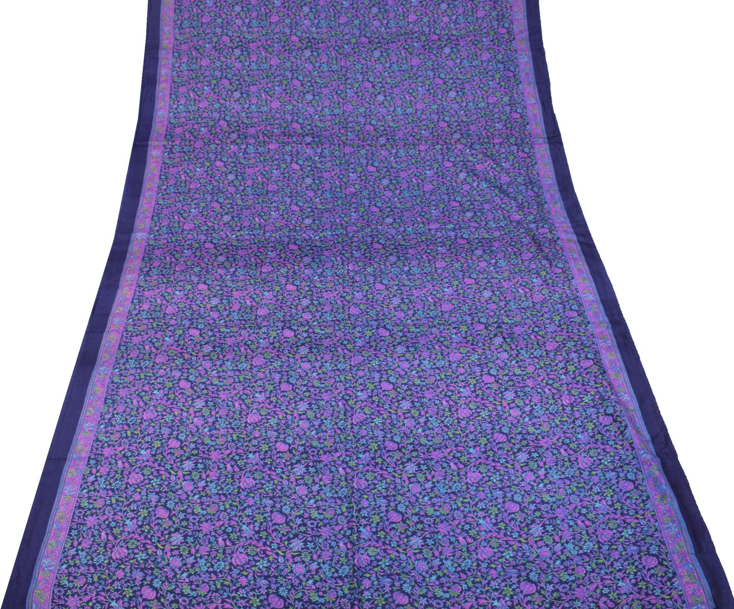 Sushila Vintage Floral Saree 100% Pure Silk Printed Blue Sari Soft Craft Fabric