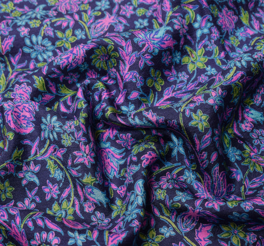 Sushila Vintage Floral Saree 100% Pure Silk Printed Blue Sari Soft Craft Fabric