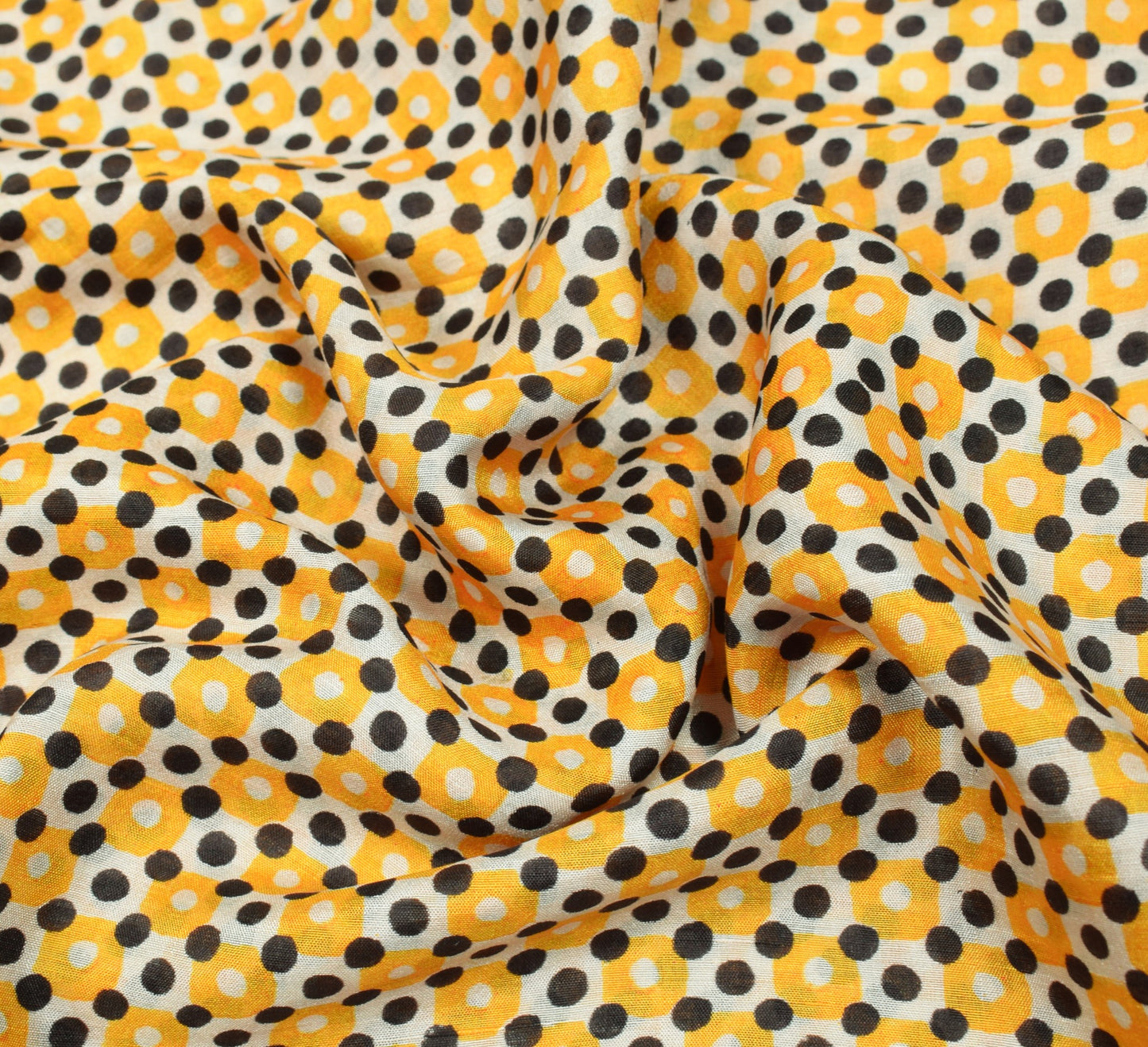 Sushila Vintage Cream Saree Pure Silk Printed Polka Dots Soft Retro Craft Fabric