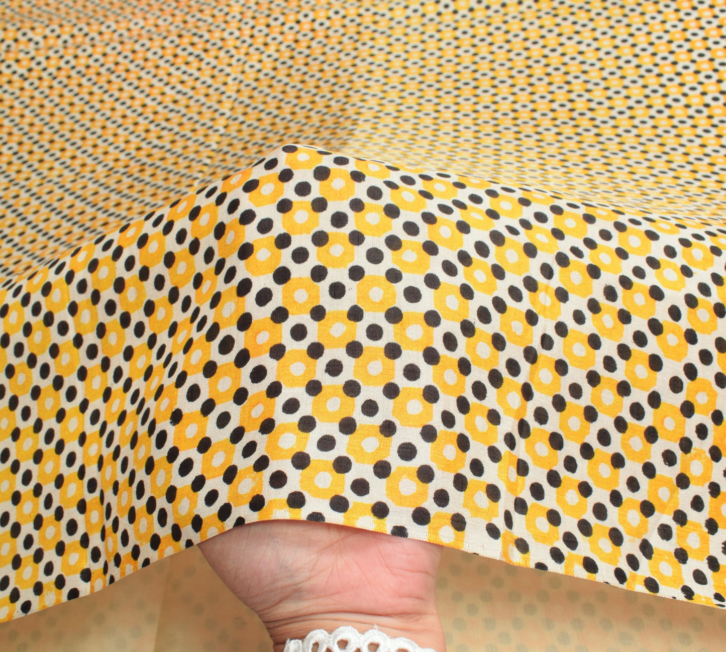 Sushila Vintage Cream Saree Pure Silk Printed Polka Dots Soft Retro Craft Fabric