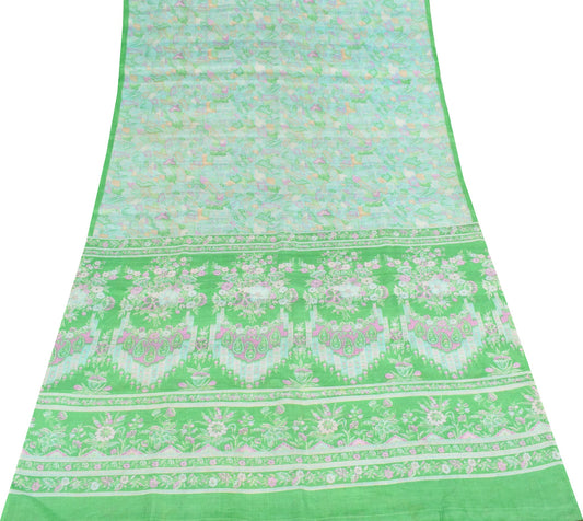 Sushila Vintage Sky Blue Saree 100% Pure Silk Printed Indian Soft Craft Fabric
