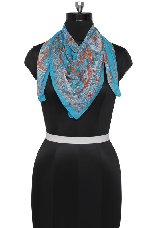 Sushila Vintage Blue Women Neck Scarf Blend Silk Printed Paisley Stole 37" x 38"