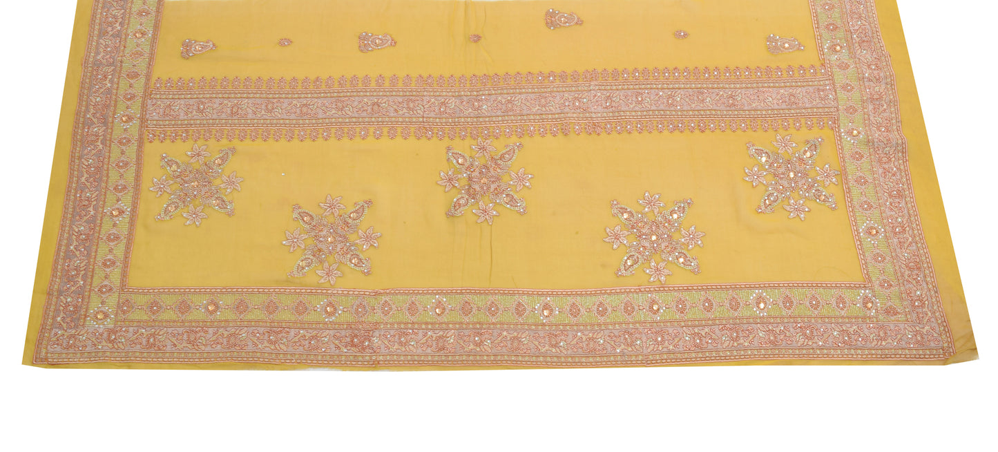 Sushila Vintage Green Georgette Silk Sari Remnant Scrap Embroidered Craft Fabric