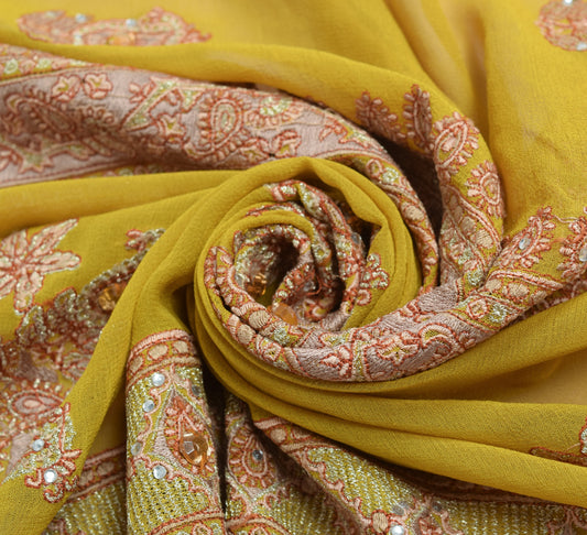 Sushila Vintage Green Georgette Silk Sari Remnant Scrap Embroidered Craft Fabric