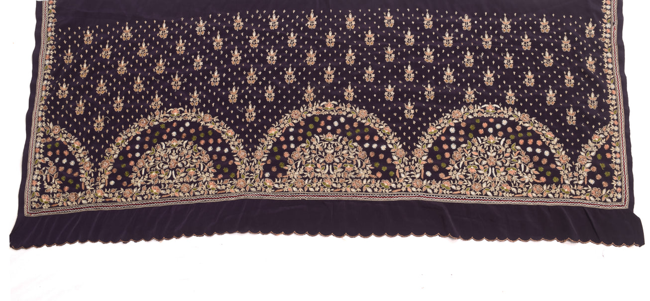 Sushila Vintage Wine Sari Remnant Scrap Floral Embroidered Crepe Craft Fabric