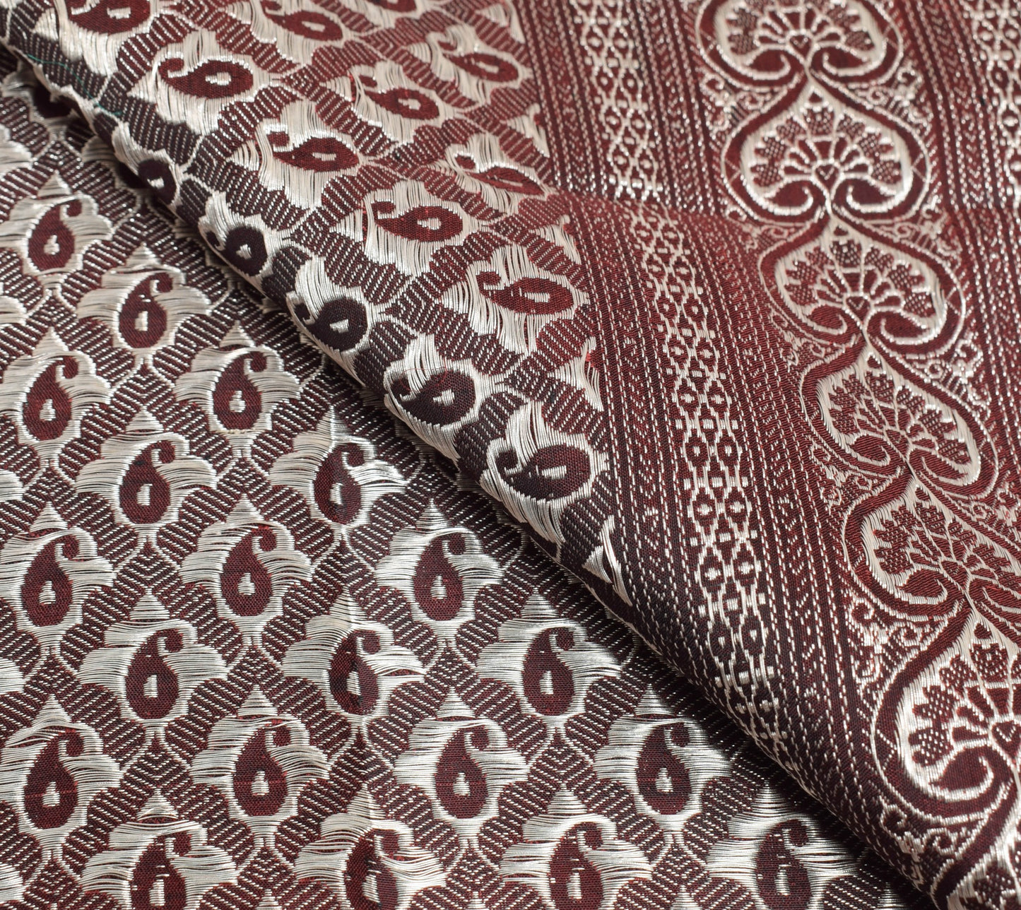 Sushila Vintage Maroon Banarasi Sari Remnant Scrap Pure Satin Woven Craft Fabric