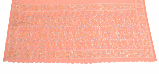 Sushila Vintage Peach Sari Remnant Scrap Pure Georgette Mirror Work Craft Fabric