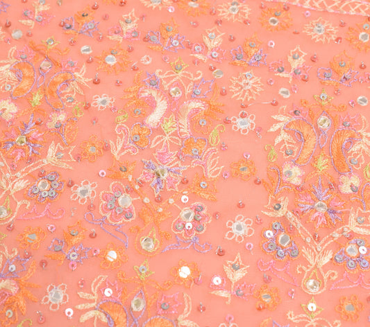 Sushila Vintage Peach Sari Remnant Scrap Pure Georgette Mirror Work Craft Fabric