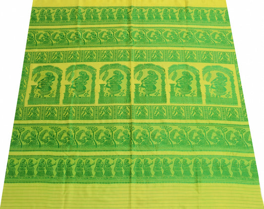 Sushila Vintage Baluchari Woven Sari Remnant Scrap Pure Silk Green Craft Fabric