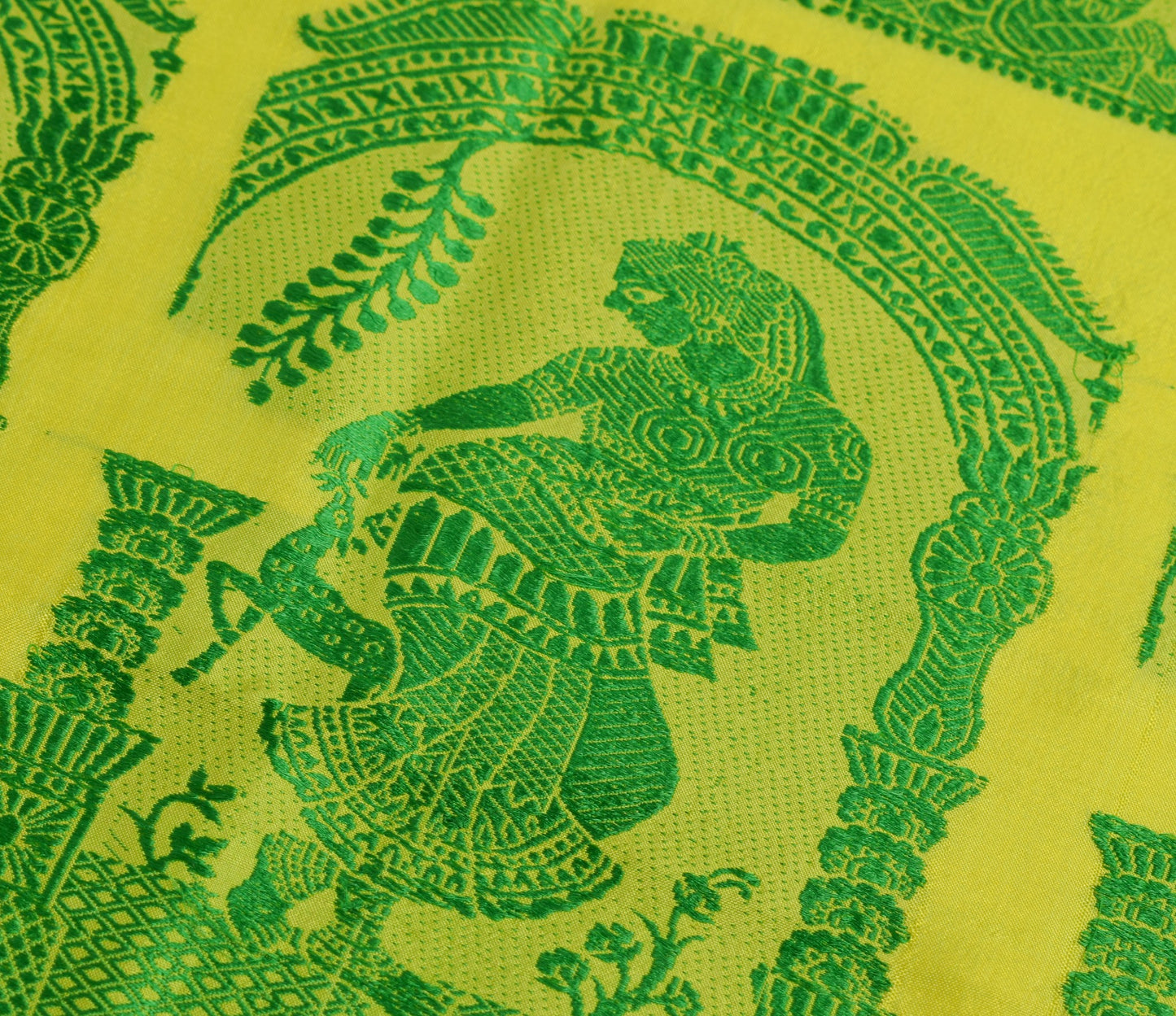 Sushila Vintage Baluchari Woven Sari Remnant Scrap Pure Silk Green Craft Fabric