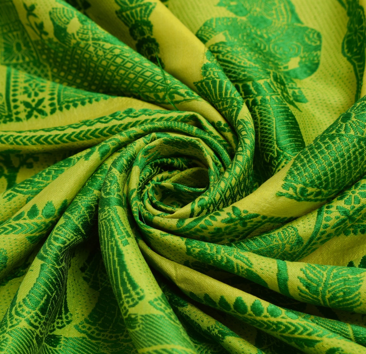Sushila Vintage Baluchari Woven Sari Remnant Scrap Pure Silk Green Craft Fabric