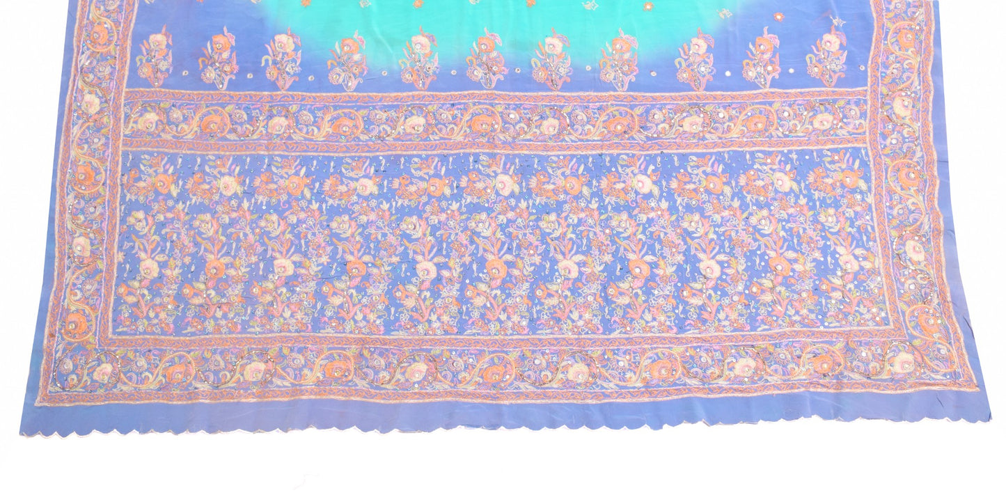 Sushila Vintage Blue Sari Remnant Scrap Pure Crepe Hand Embroidered Craft Fabric