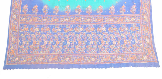 Sushila Vintage Blue Sari Remnant Scrap Pure Crepe Hand Embroidered Craft Fabric