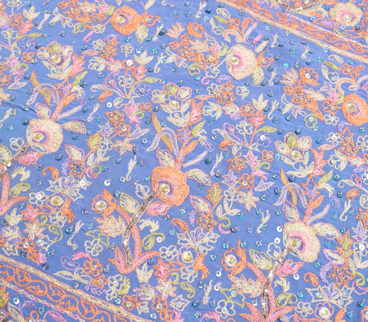 Sushila Vintage Blue Sari Remnant Scrap Pure Crepe Hand Embroidered Craft Fabric