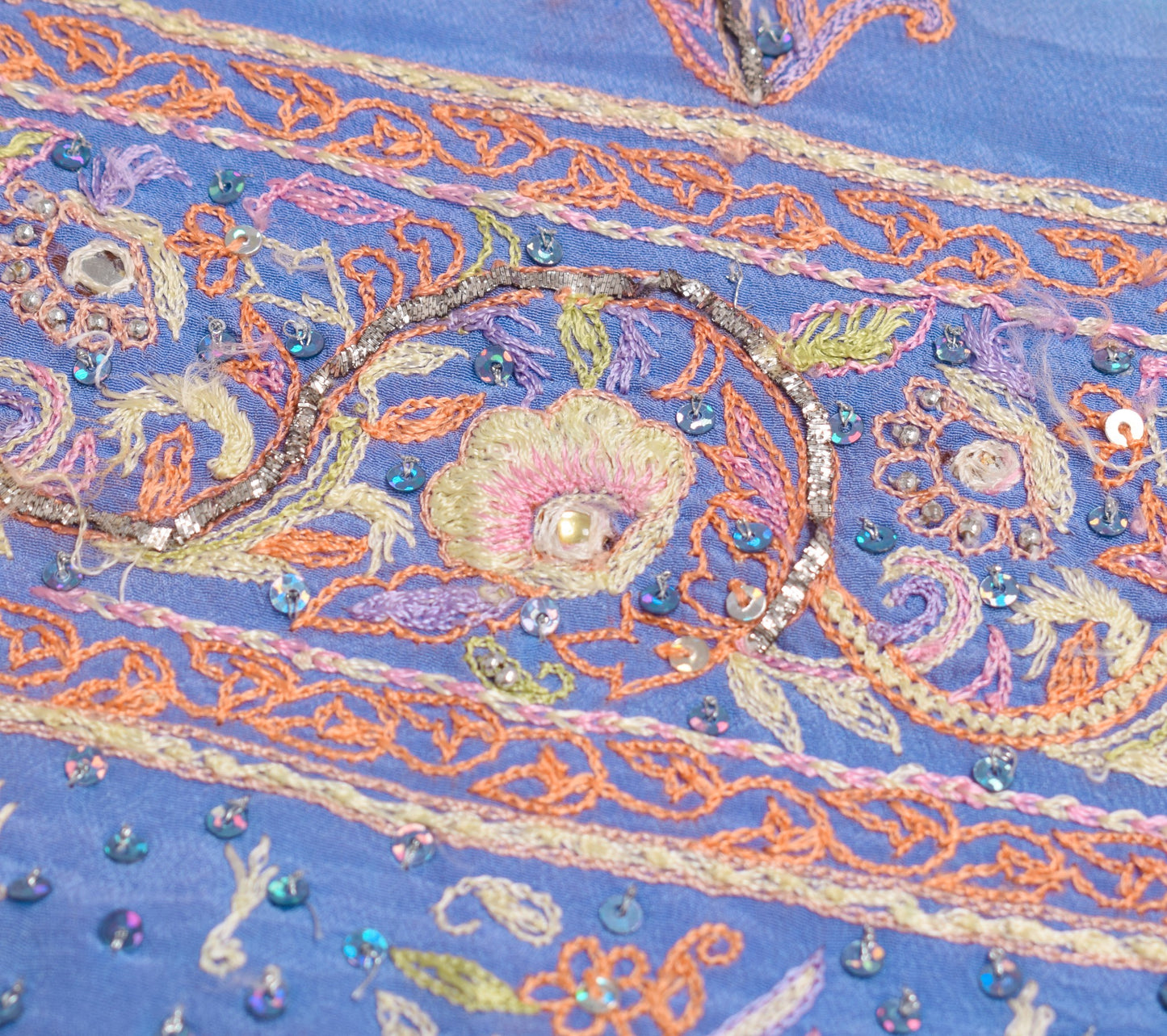 Sushila Vintage Blue Sari Remnant Scrap Pure Crepe Hand Embroidered Craft Fabric