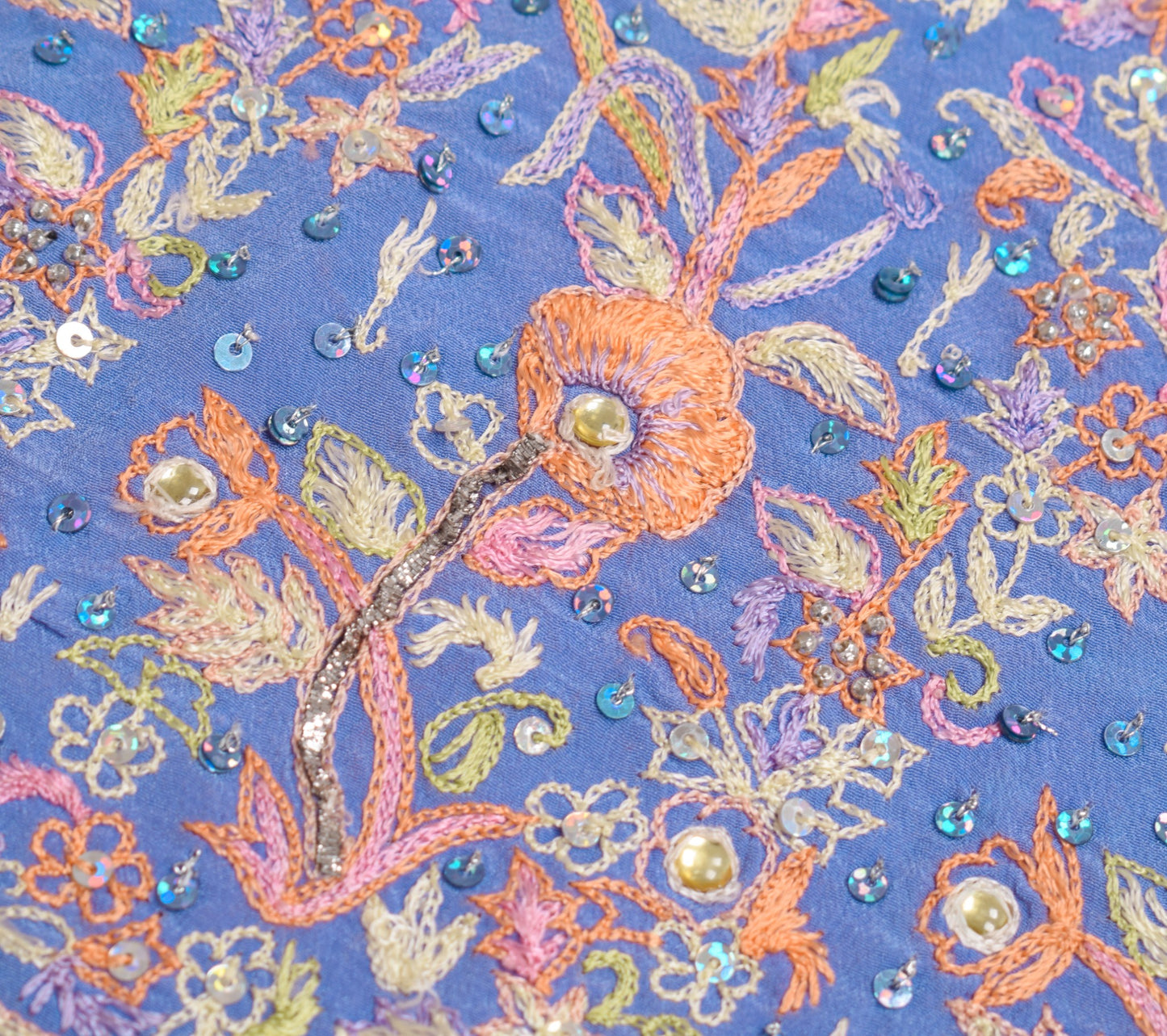 Sushila Vintage Blue Sari Remnant Scrap Pure Crepe Hand Embroidered Craft Fabric