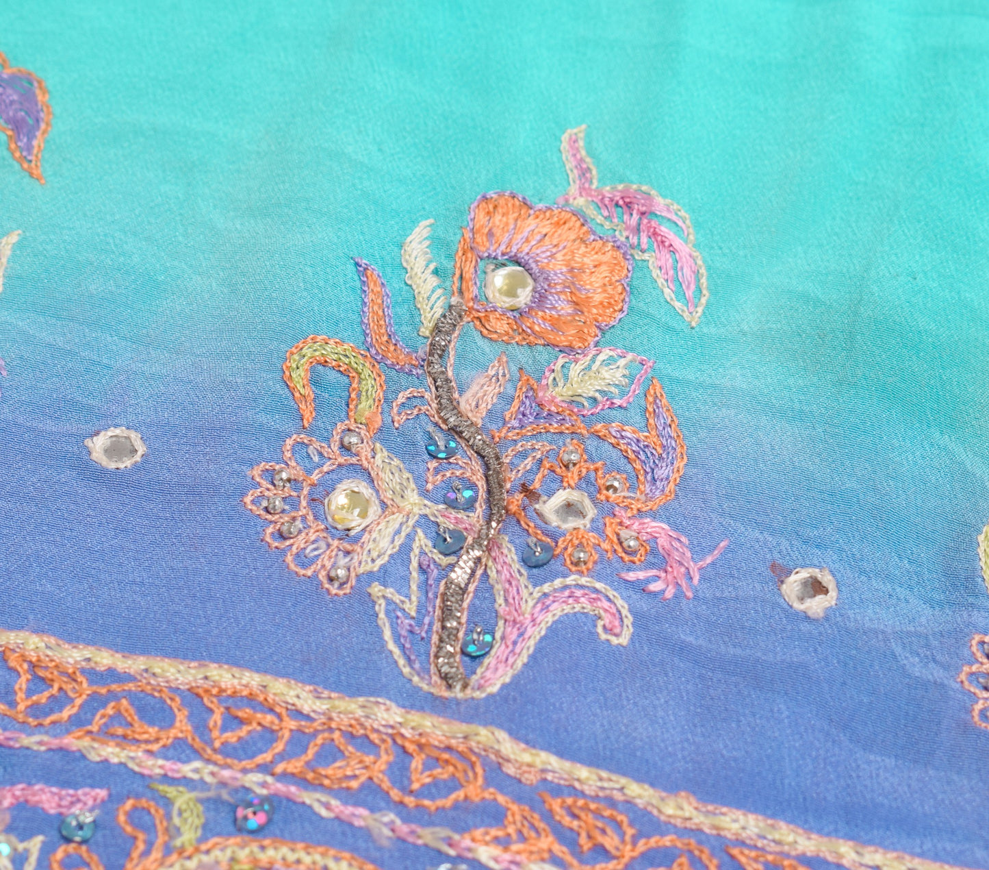Sushila Vintage Blue Sari Remnant Scrap Pure Crepe Hand Embroidered Craft Fabric
