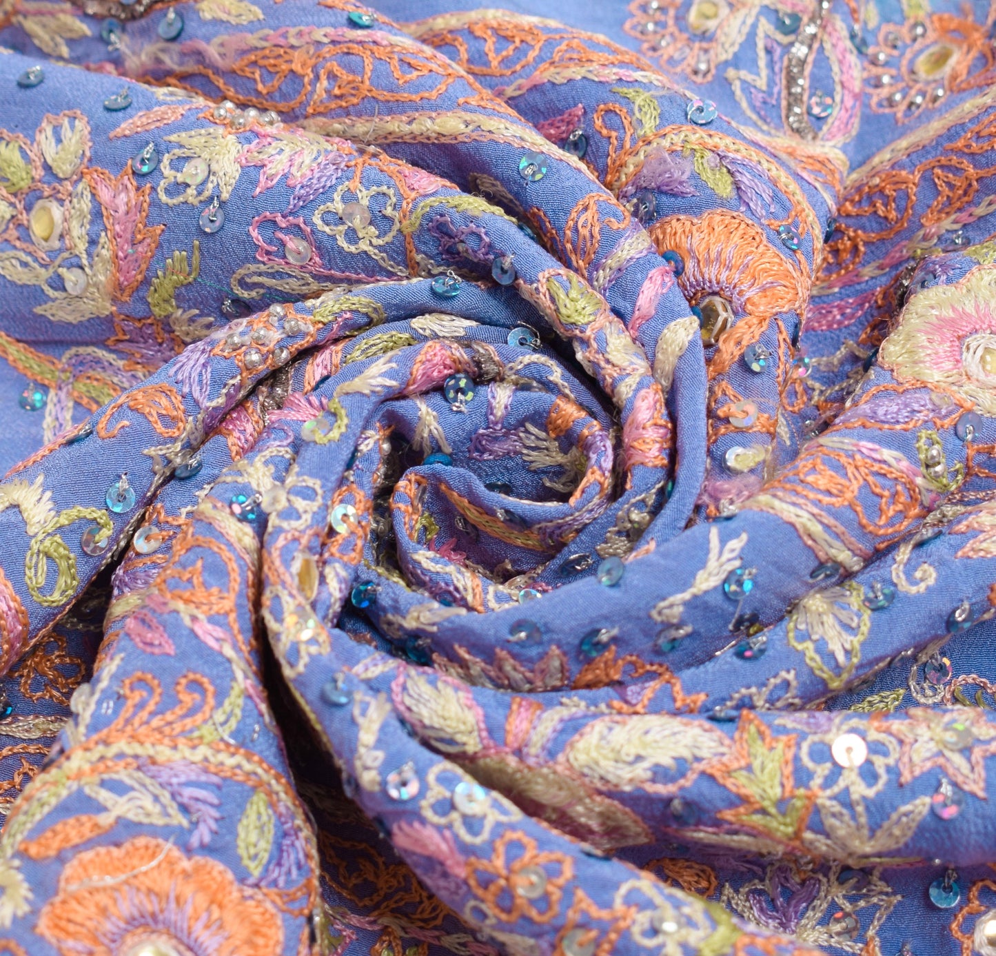 Sushila Vintage Blue Sari Remnant Scrap Pure Crepe Hand Embroidered Craft Fabric