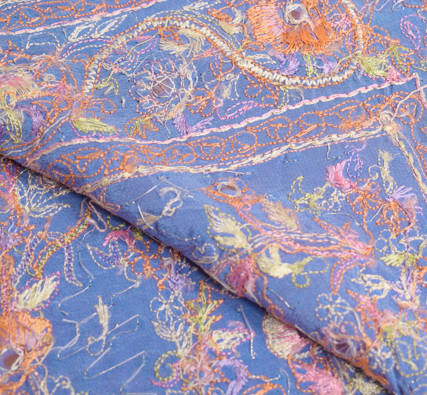 Sushila Vintage Blue Sari Remnant Scrap Pure Crepe Hand Embroidered Craft Fabric
