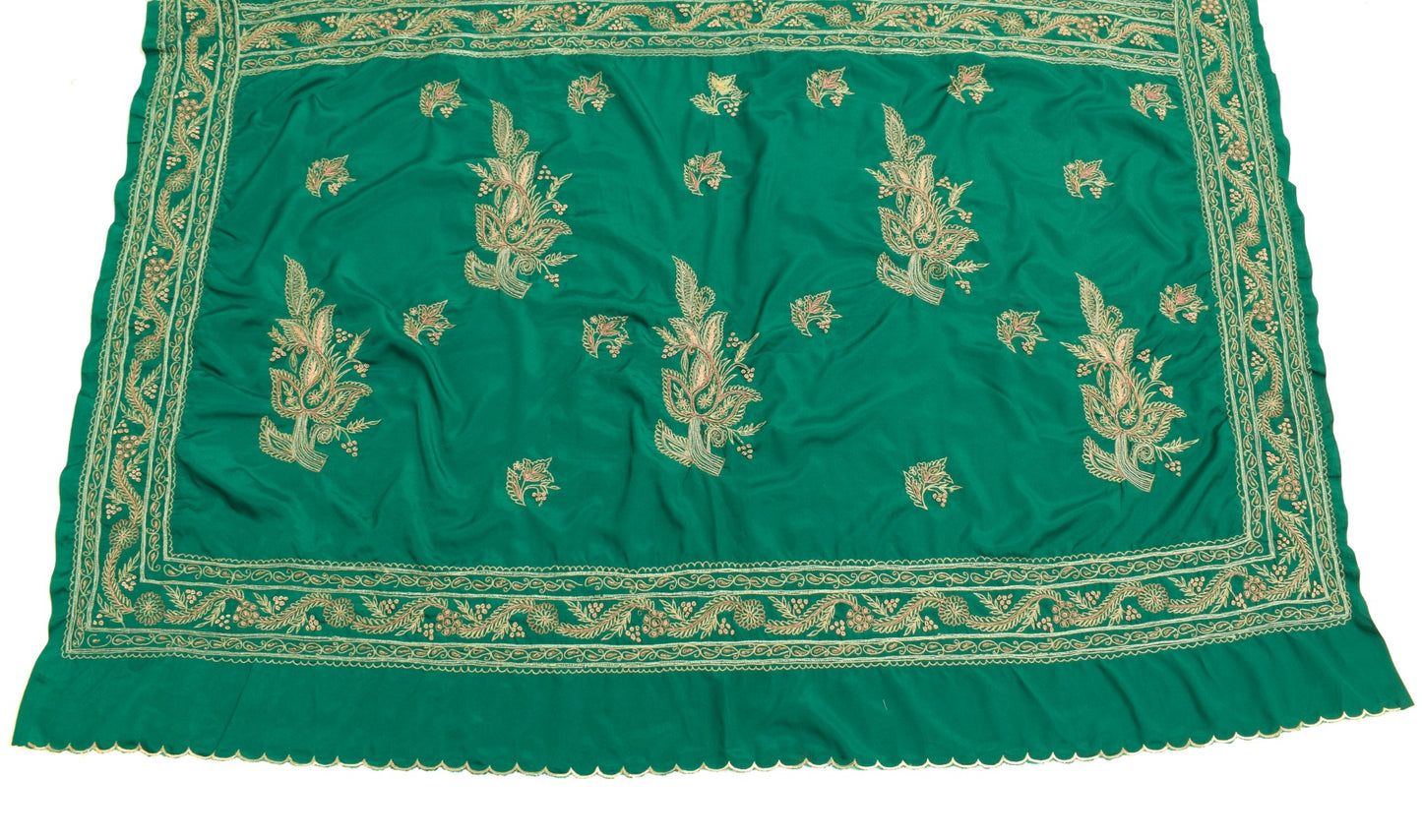 Sushila Vintage Green Sari Remnant Scrap Hand Embroidered Art Silk Craft Fabric