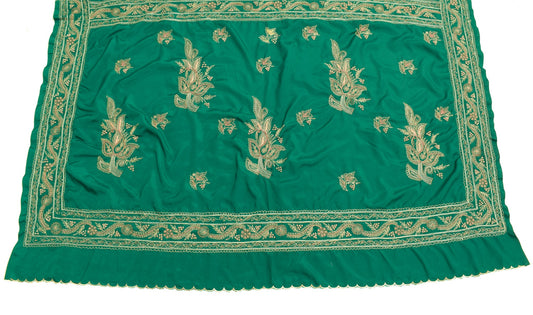 Sushila Vintage Green Sari Remnant Scrap Hand Embroidered Art Silk Craft Fabric