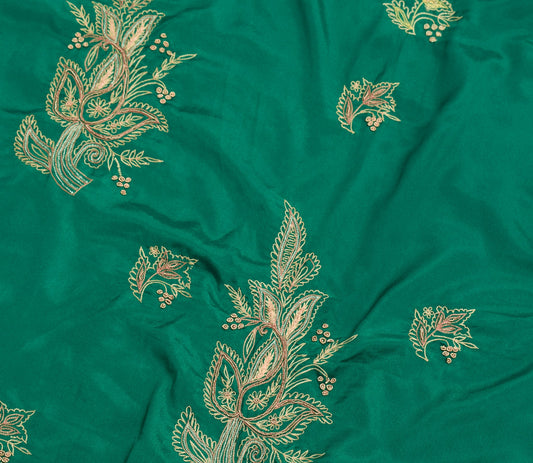 Sushila Vintage Green Sari Remnant Scrap Hand Embroidered Art Silk Craft Fabric