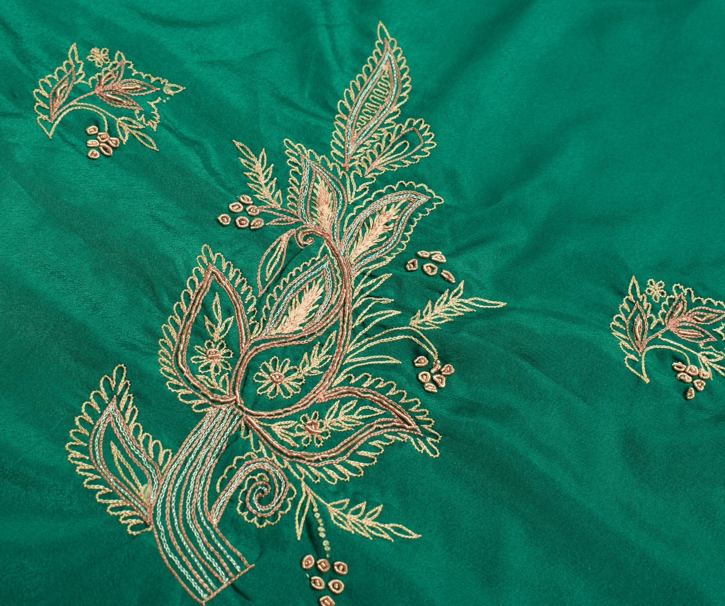 Sushila Vintage Green Sari Remnant Scrap Hand Embroidered Art Silk Craft Fabric
