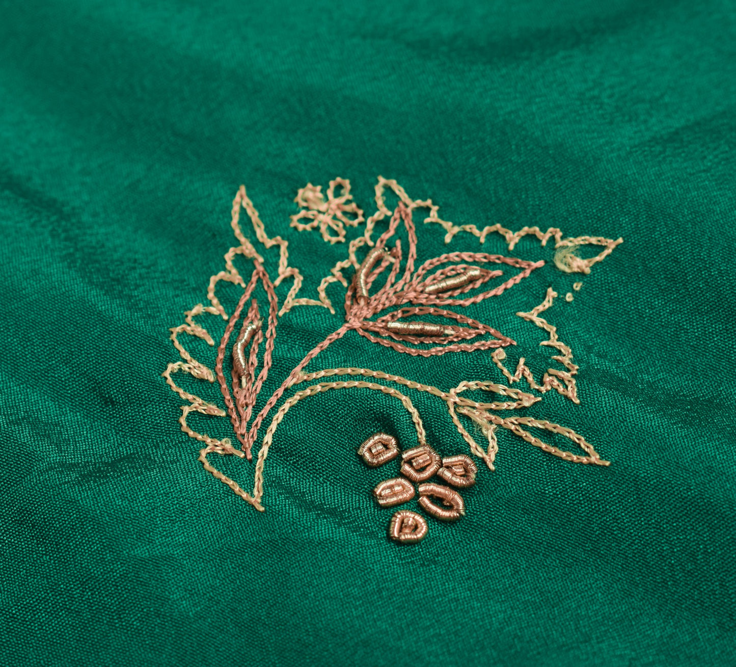 Sushila Vintage Green Sari Remnant Scrap Hand Embroidered Art Silk Craft Fabric