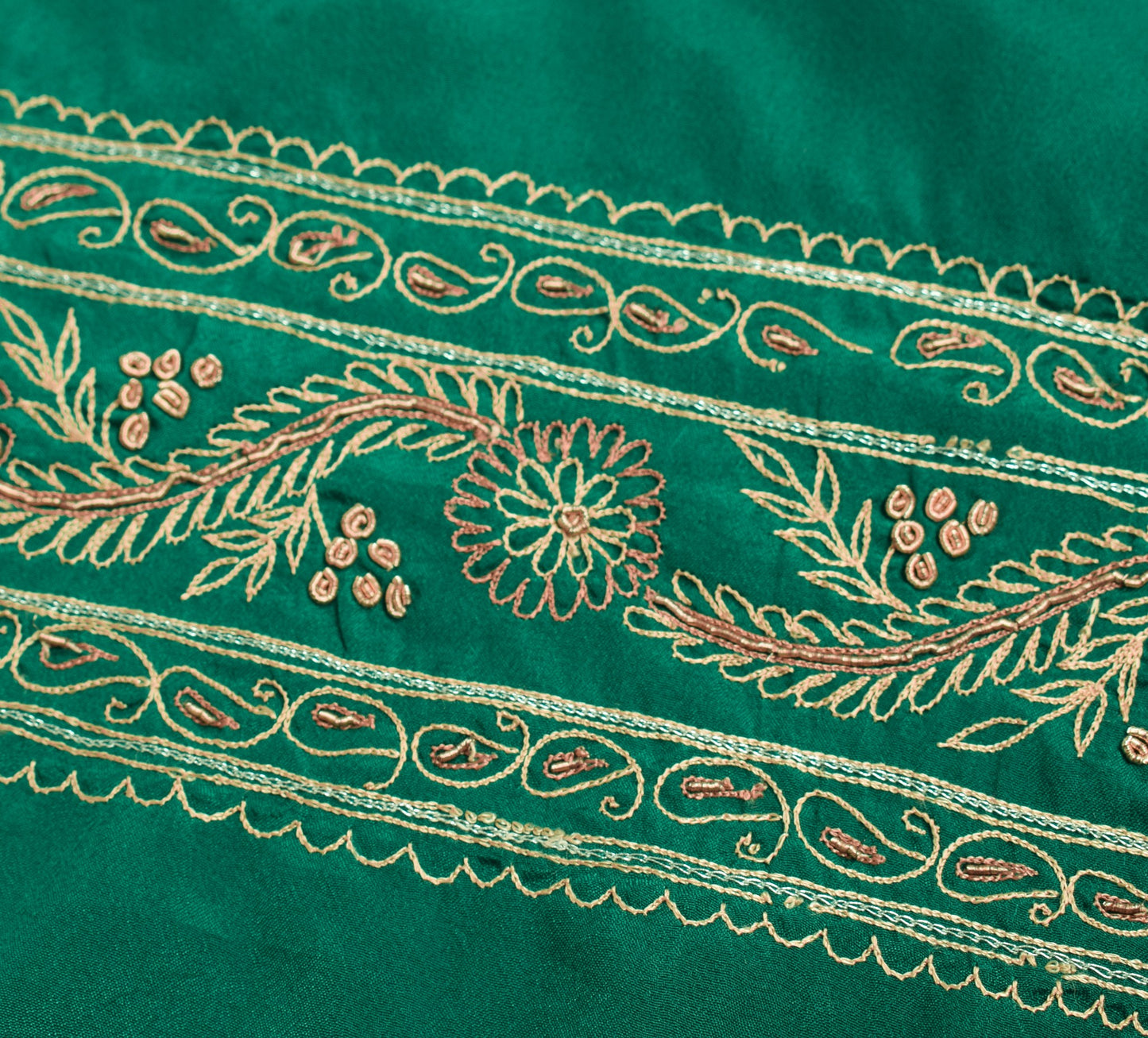 Sushila Vintage Green Sari Remnant Scrap Hand Embroidered Art Silk Craft Fabric