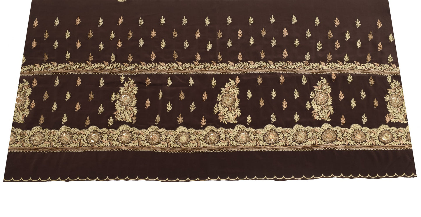 Sushila Vintage Dark Brown Sari Remnant Scrap Art Silk Hand Work Craft Fabric