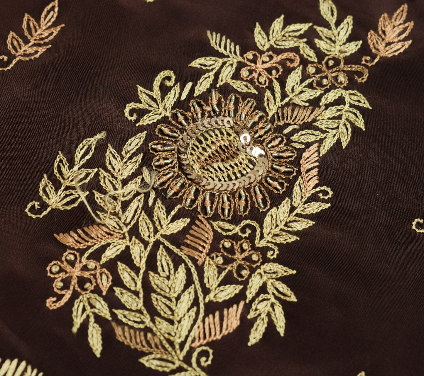Sushila Vintage Dark Brown Sari Remnant Scrap Art Silk Hand Work Craft Fabric