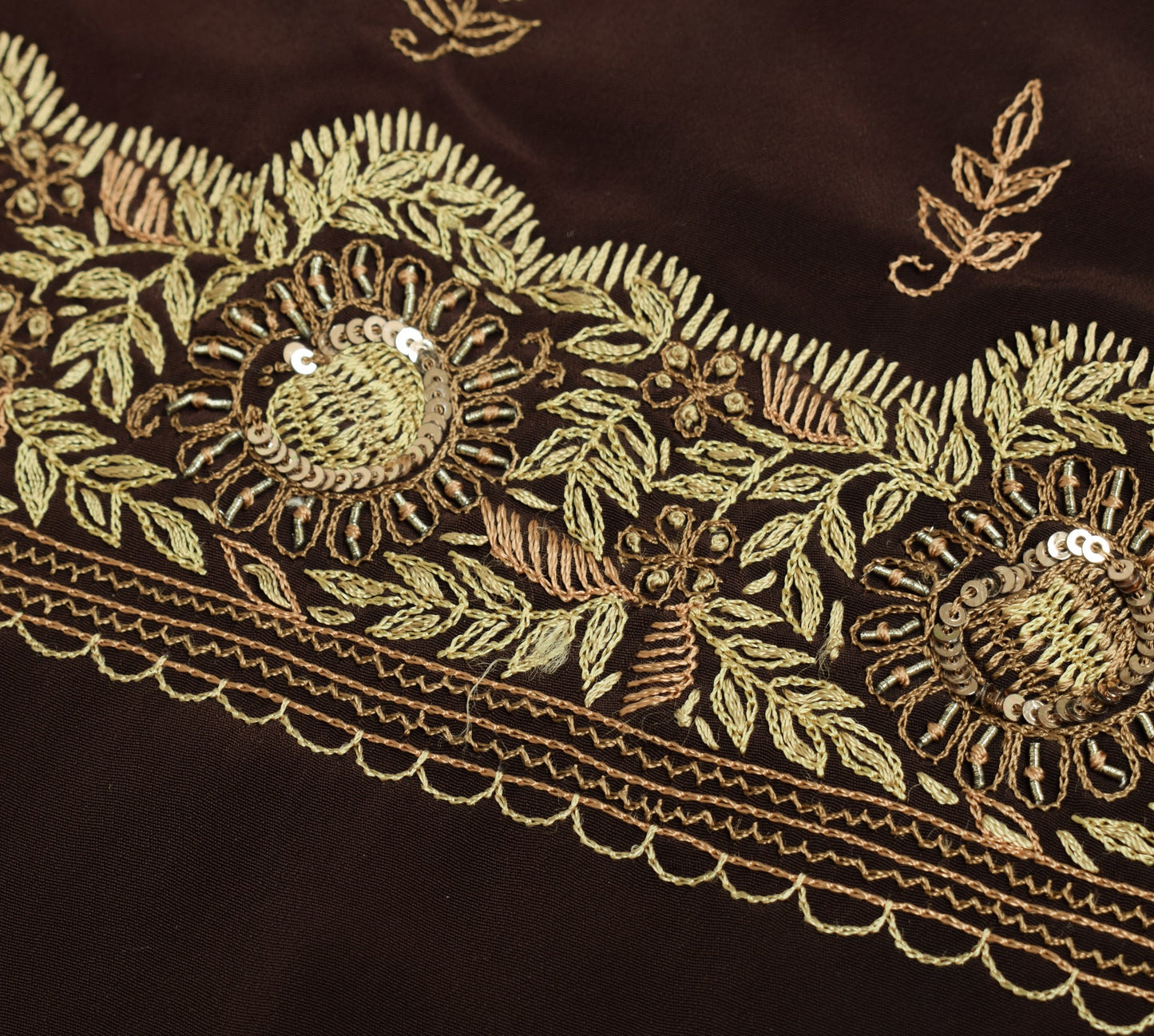 Sushila Vintage Dark Brown Sari Remnant Scrap Art Silk Hand Work Craft Fabric