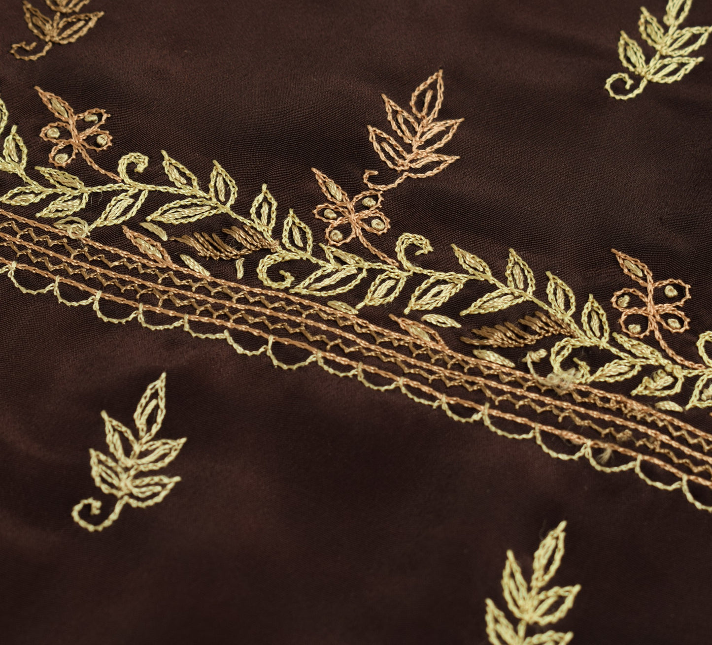 Sushila Vintage Dark Brown Sari Remnant Scrap Art Silk Hand Work Craft Fabric
