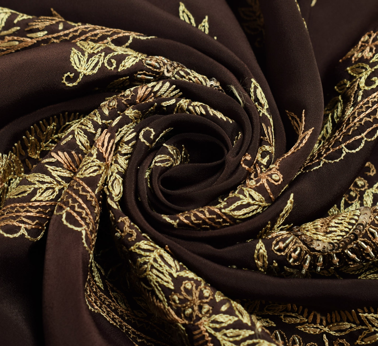 Sushila Vintage Dark Brown Sari Remnant Scrap Art Silk Hand Work Craft Fabric