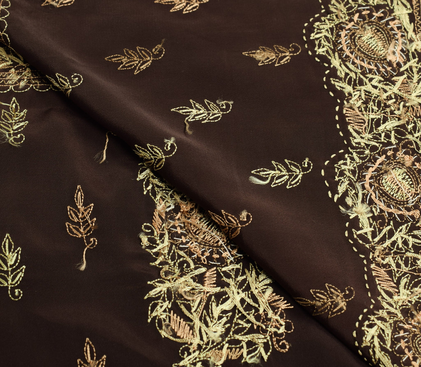 Sushila Vintage Dark Brown Sari Remnant Scrap Art Silk Hand Work Craft Fabric