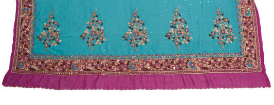 Sushila Vintage Hand Beaded Sari Remnant Scrap Teal Blue Georgette Craft Fabric