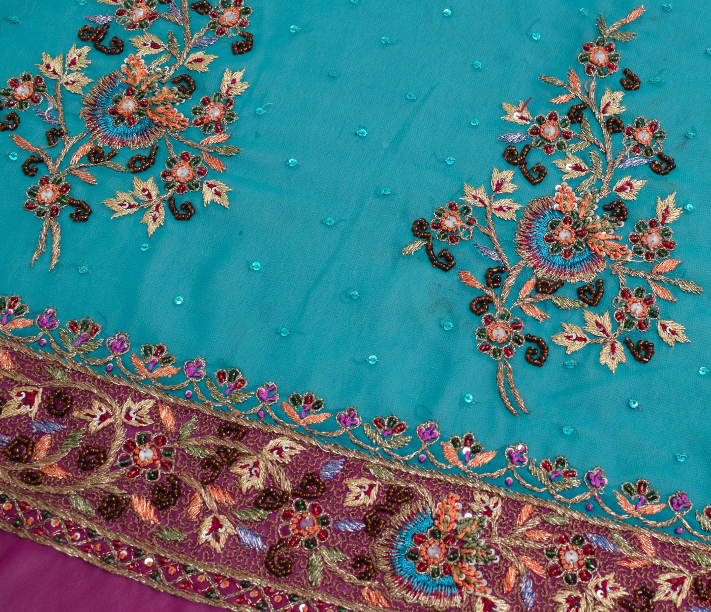 Sushila Vintage Hand Beaded Sari Remnant Scrap Teal Blue Georgette Craft Fabric