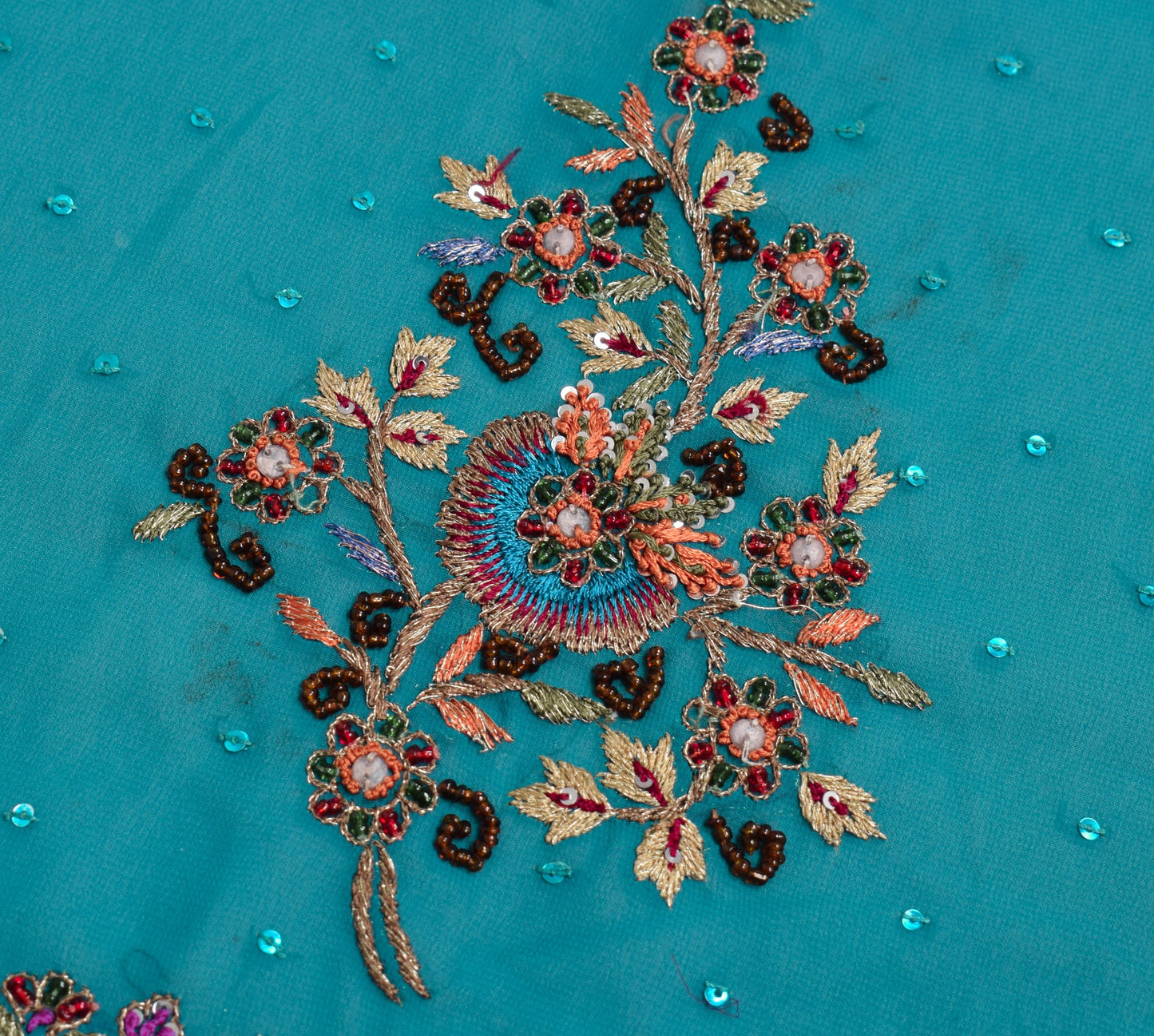 Sushila Vintage Hand Beaded Sari Remnant Scrap Teal Blue Georgette Craft Fabric