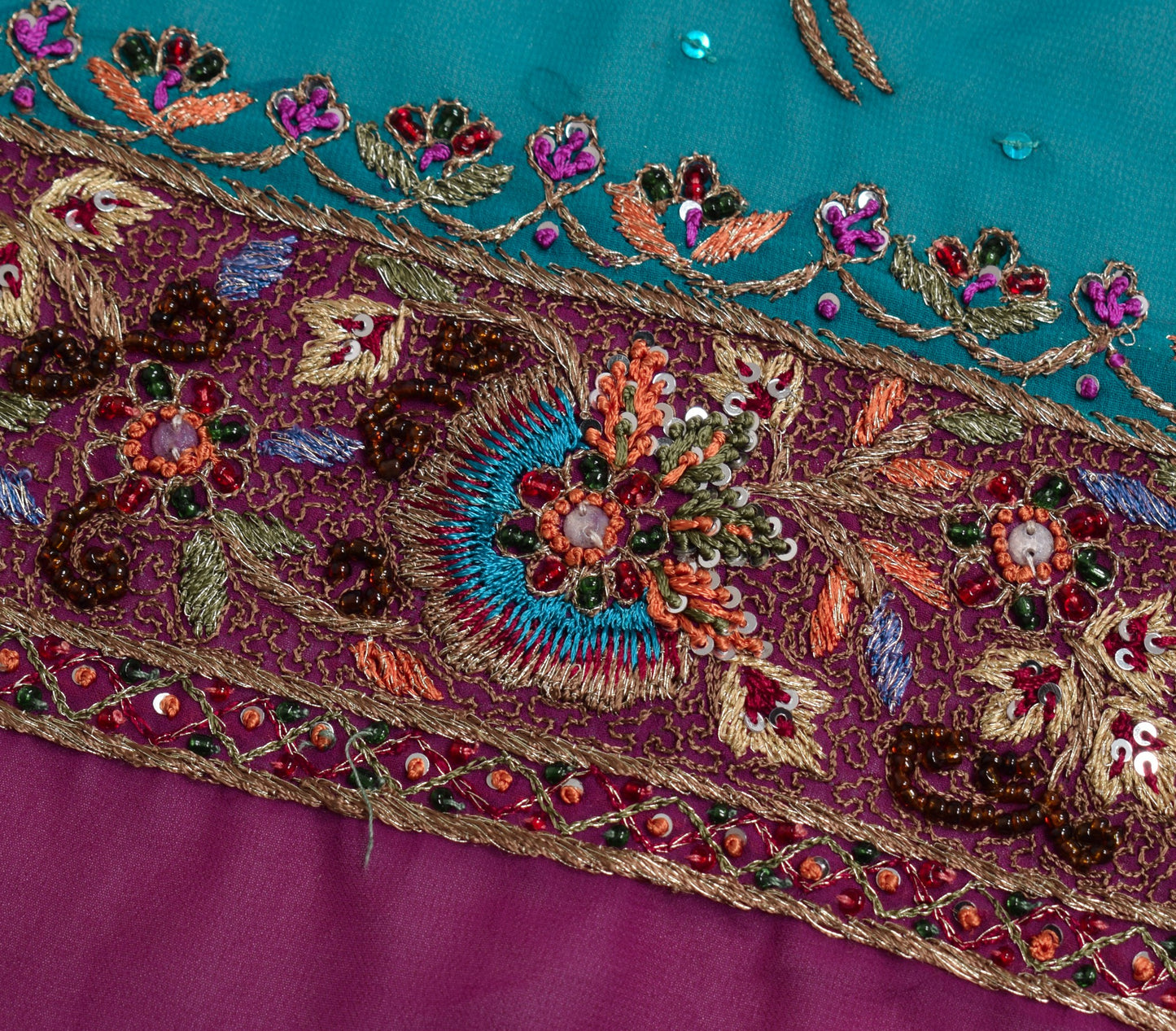 Sushila Vintage Hand Beaded Sari Remnant Scrap Teal Blue Georgette Craft Fabric