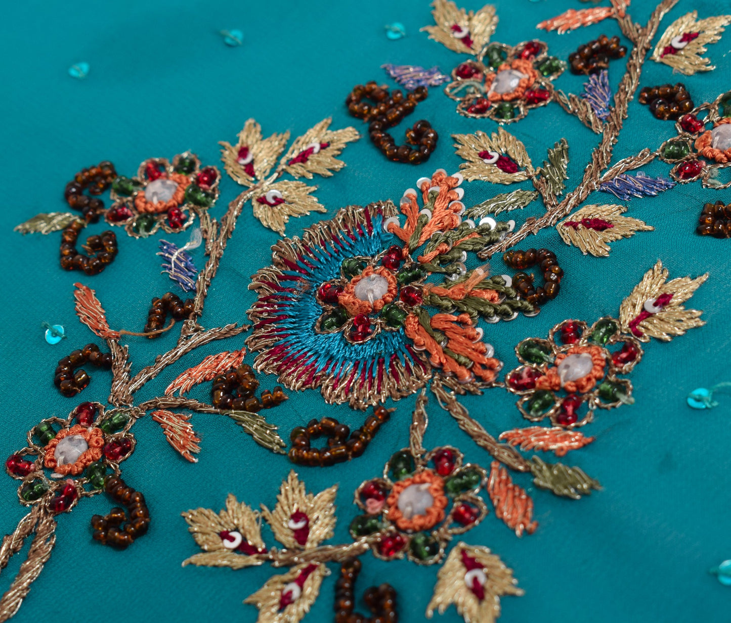 Sushila Vintage Hand Beaded Sari Remnant Scrap Teal Blue Georgette Craft Fabric