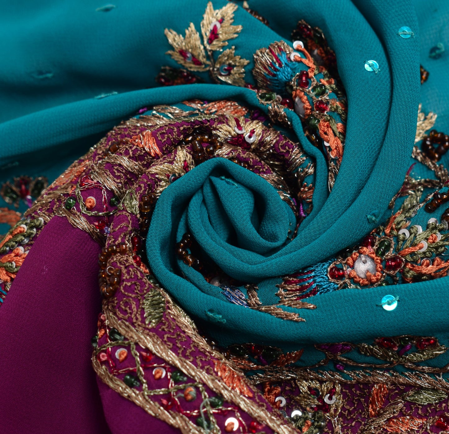 Sushila Vintage Hand Beaded Sari Remnant Scrap Teal Blue Georgette Craft Fabric