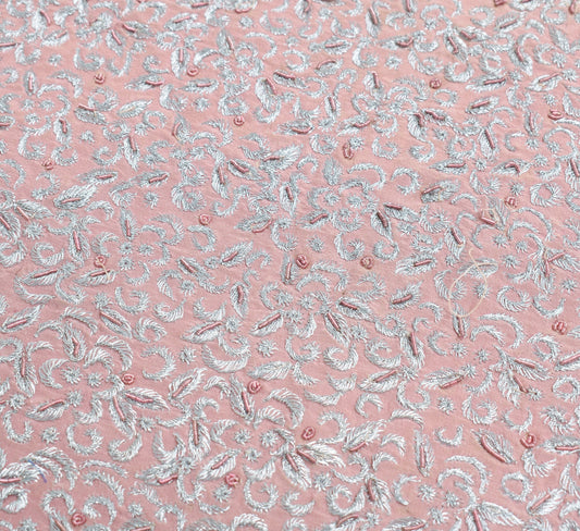 Sushila Vintage Dusty Rose Sari Remnant Scrap Pure Crepe Embroidery Craft Fabric
