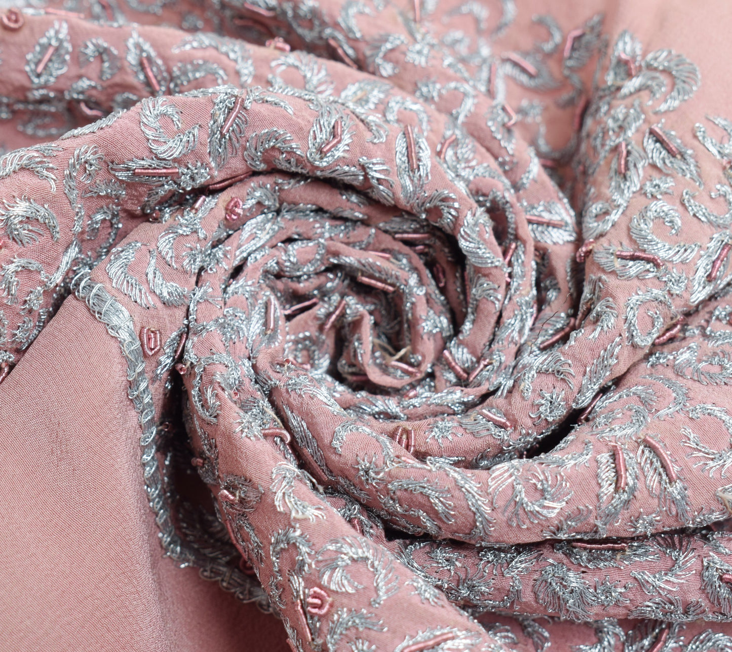 Sushila Vintage Dusty Rose Sari Remnant Scrap Pure Crepe Embroidery Craft Fabric