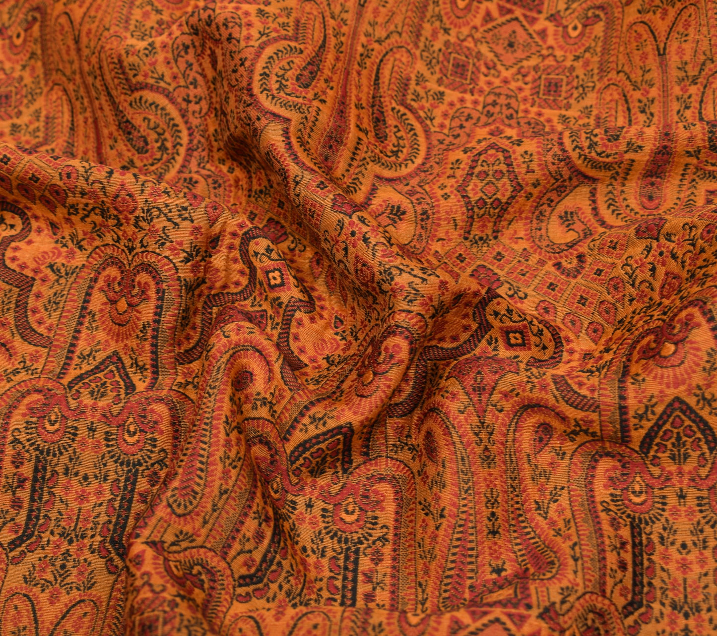 Sushila Vintage Mustard Sari Remnant Scrap Paisley Woven Pure Silk Craft Fabric