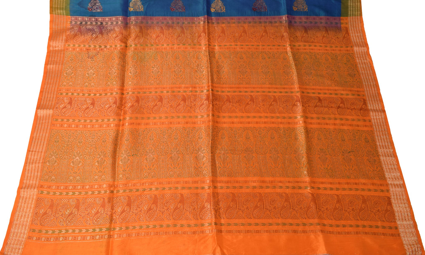 Sushila Vintage Orange Sari Remnant Scrap Woven Paisley Pure Silk Craft Fabric